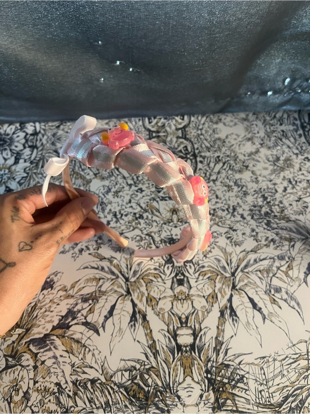 Handmade Pink Braided Ribbon Headband with crabs Accents for Kids